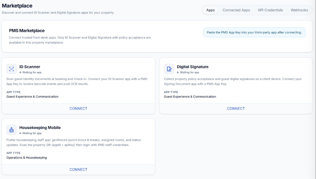 Hoteliax marketplace with connectable third-party apps